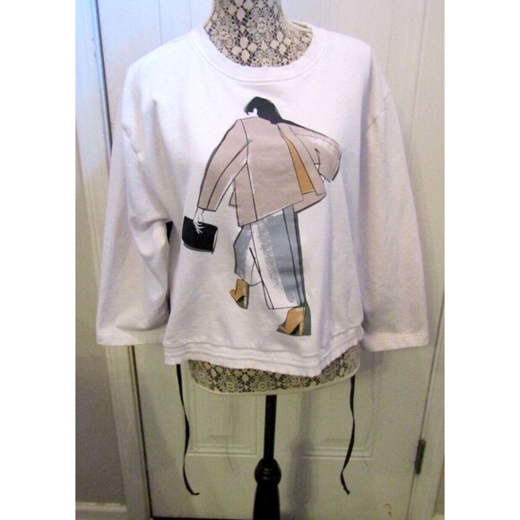 Zara Cropped Sweatshirt Oversized White Graphic High-Low Pullover Top Womens S - Picture 1 of 6